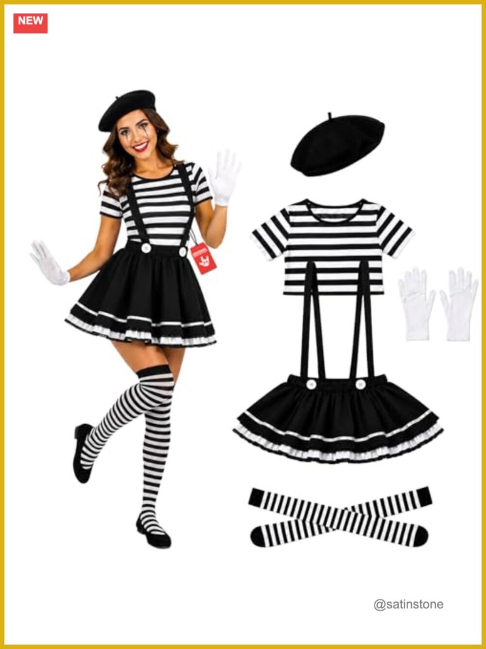 Mime Costume Set Tutu Striped Tee Beret Gloves Halloween Cosplay